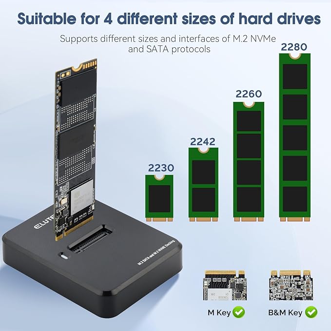 ELUTENG M.2 NVMe & SATA to USB C Docking Station Dual Protocol M.2 to USB C Adapter 10Gbps External SSD Enclosure for M Key, B+M Key Support 2280 2260 2242 2230 SSDs with 2in1 Cable