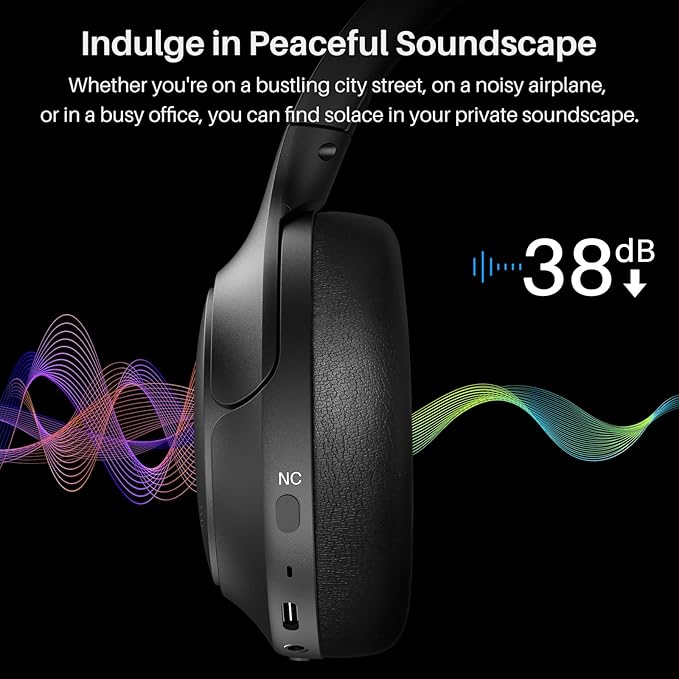 TOZO Hybrid Active Noise Cancelling Headphones, Wireless Over Ear Bluetooth Headset, 60H Playtime, Hi-Res Audio Custom EQ via App Deep Bass Comfort Fit Ear Cups, for Home Office Travel