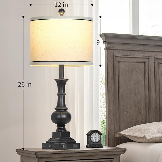 Lolikit Farmhouse Lamps Set of 2, Antique Vintage Rustic Touch Control Table Lamps with USB A+C Ports & AC Outlet, Retro Classic Bedside Nightstand Lamp for Living Room Bedroom Office Black