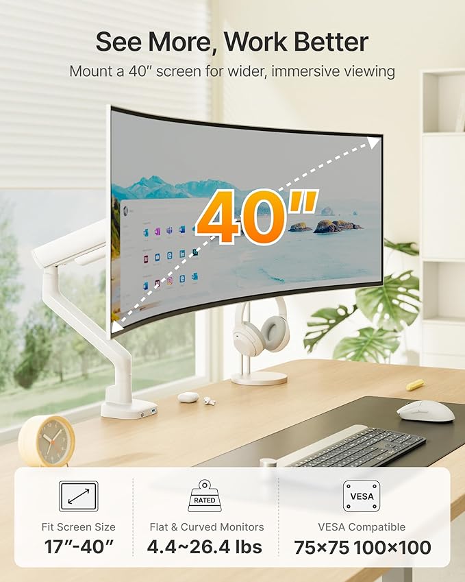 monTEK Single Monitor Arm with USB, Mechanical Spring Monitor Arm for 17-40" Screens, Adjustable Monitor Desk Mount Holds up to 26.4 lbs with C Clamp/Grommet Desk Mount, VESA 75/100mm