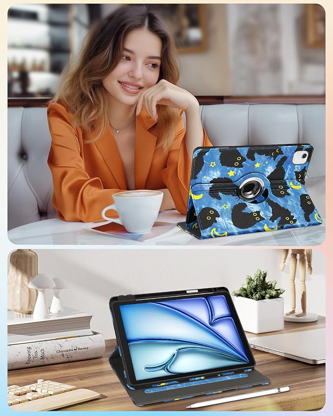 Kidcube for iPad Air 11 Inch Case M3/M2, Air 5th/4th Generation Cases 10.9'', Pro 11'' 2020 - Women Girls Aesthetic Cute Rotating Stand Folio Cover with Pencil Holder & Card Slot Girly Cat Stars