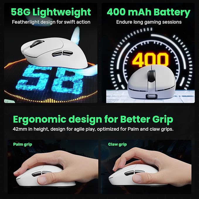 G18 2.4G/BT/Wired Tri-Mode 8K Wireless Gaming Mouse, Right-Handed Ergonomic Design, PAW3395 Sensor, 58g Lightweight, 8000 Polling Rate, 26K DPI, 5 Programmable Buttons, with Nano Wireless Receiver