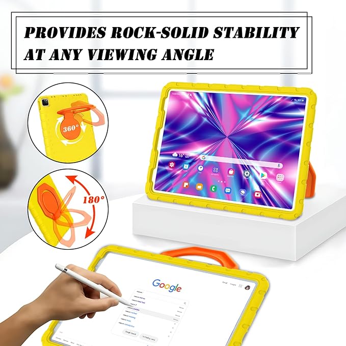 for iPad Pro 12.9 Case 3rd 4th 5th 6th Generation with Pencil Holder & 360° Rotating Handle Stand, New Cute Rugged Cover for iPad Pro 12.9 inch 2022/2021/2020/2018 - Yellow