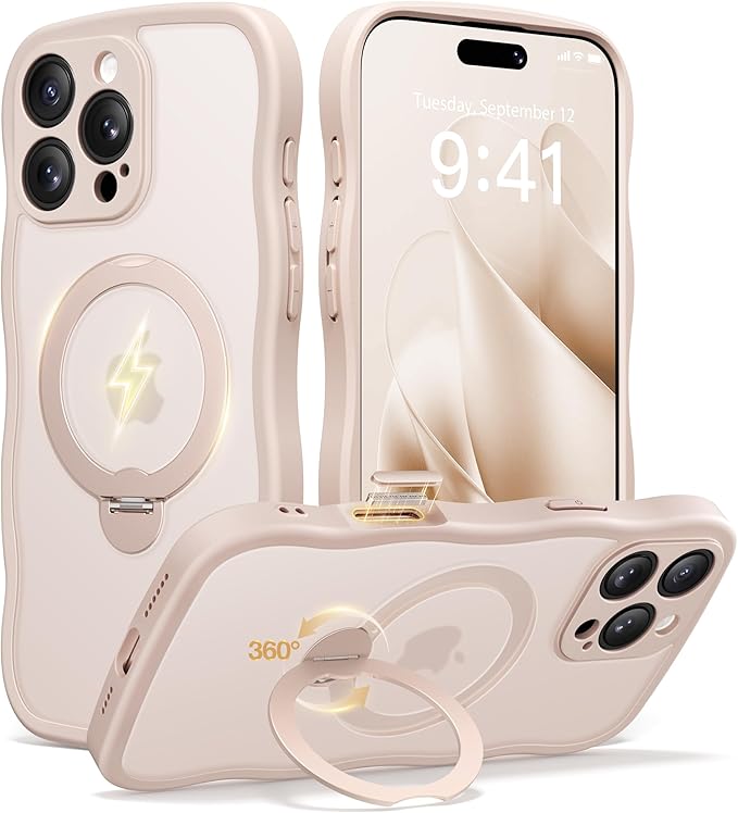 CAPRARO for iPhone 16 Pro Case with 360° Spin Magnetic Stand for Women, [Compatible with MagSafe] [Full Camera Protection] Cute Wave Translucent Matte Case for iPhone 16 Pro, Rose Gold