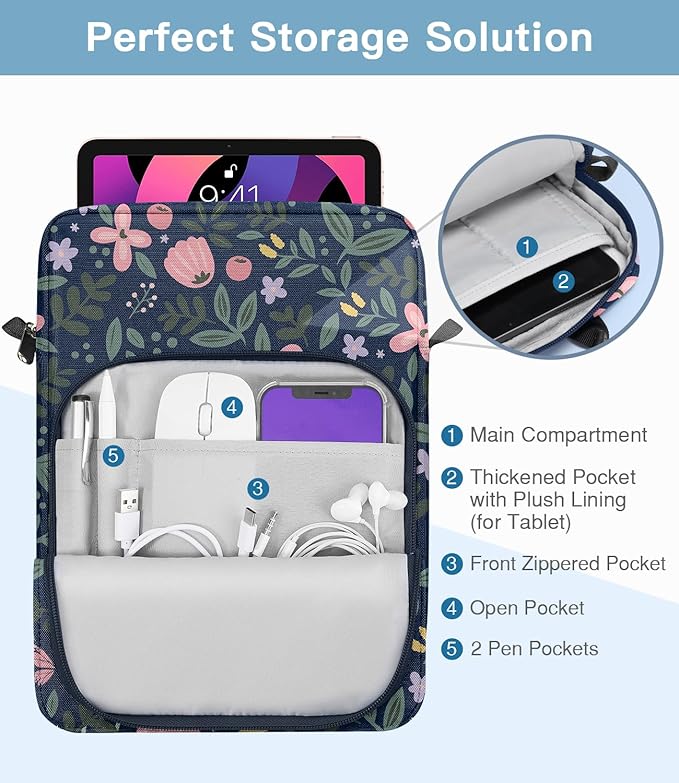 MoKo 9-11 Inch Tablet Sleeve Bag Handle Carrying Case with Shoulder Strap Fits New 11-inch iPad Pro M5/iPadAir M3, i-Pad 10th 10.9, iPad 9/8/7 10.2, i-Pad Air 5/4th 10.9, Tab S8/S9 11, Floral Indigo