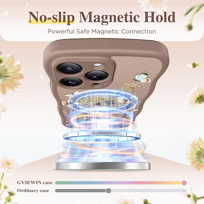GVIEWIN for iPhone 16 Pro Max Case Compatible with MagSafe [Curly Wave Edge][Full Camera Protection] Floral Translucent Shockproof Magnetic Women Phone Case for 16 Pro Max, Autumnflit/Brow