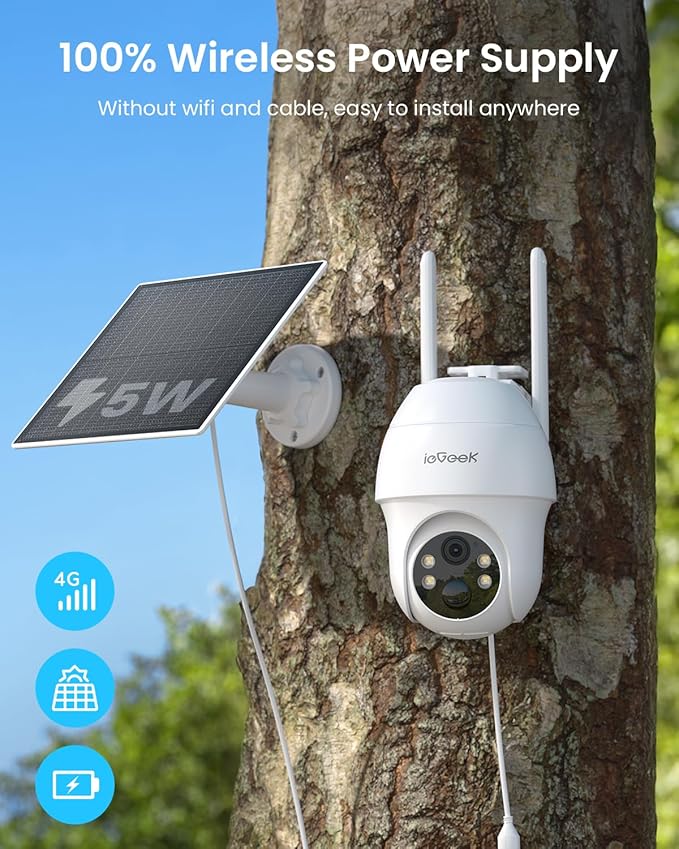 ieGeek 4G LTE Cellular Security Camera Wireless Outdoor, No WiFi Battery Powered Cameras with Solar Panel, 2K HD Color Night Vision, 2-Way Audio, 360° PTZ, PIR Motion Sensor(Subscription Required)