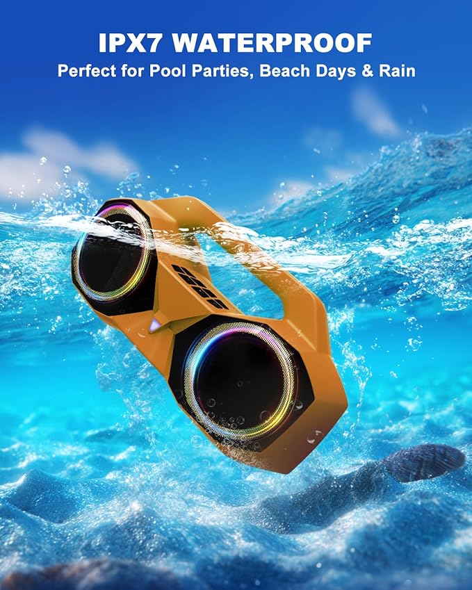 OZJ Bluetooth Speaker 80W(Peak) Loud with Bass, 20H Playtime, IPX7 Waterproof, RGB Lights, TWS, Large Portable Wireless Speakers for Outdoor, Home, Party, Pool, Beach, Tailgating, Gym, Work (Orange)