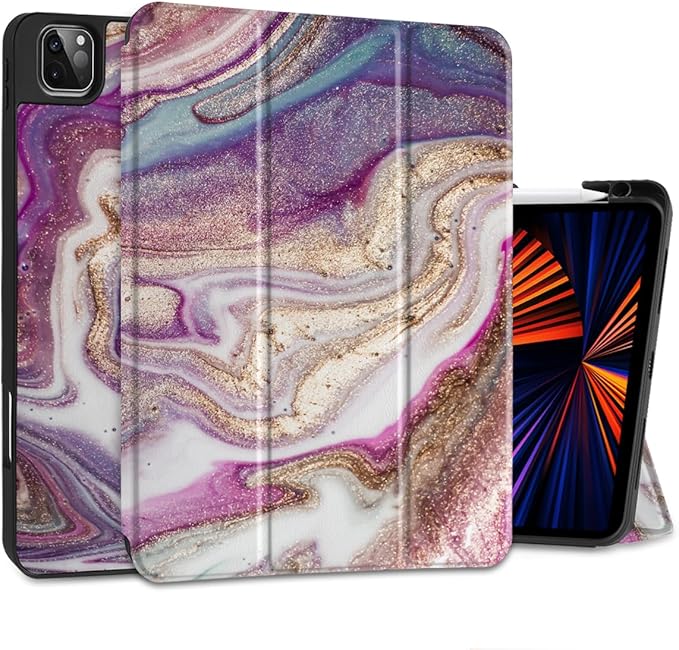 DONGKE Case for 2022/2021/2020/2018 iPad Pro 11 inch Gen 4/3/2/1 - Slim Protective Case - Built in Pencil Holder Support Charging - Trifold Stand & Sleep/Wake Cover- Pink Marble