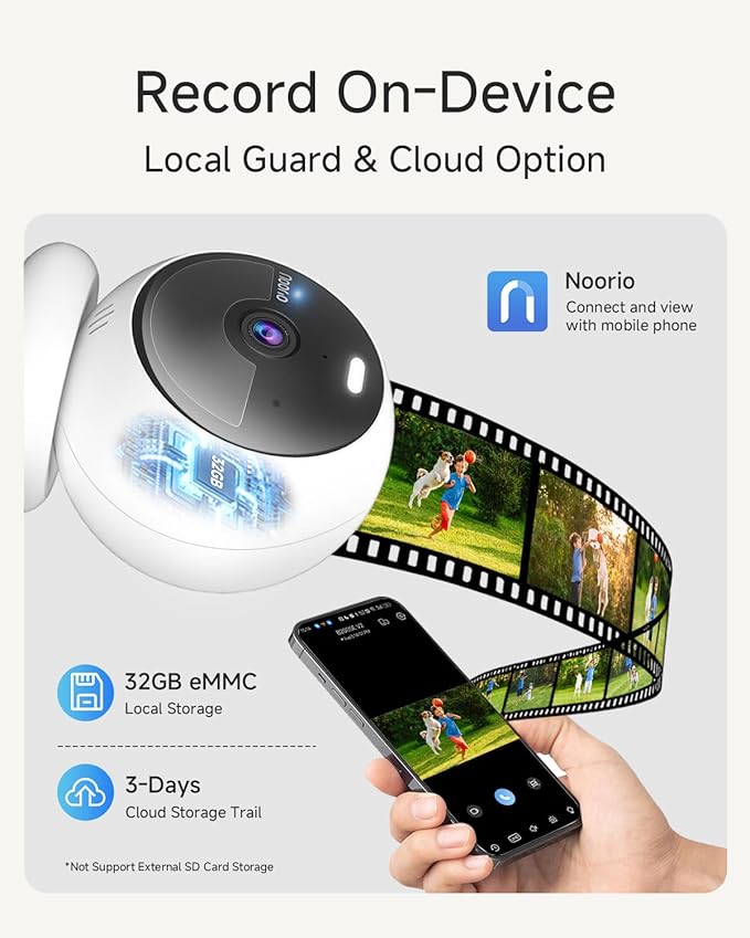 Noorio Security Cameras Wireless Outdoor Magnetic, Battery Powered Indoor Camera for Home Security, 1080P Human/Pet Detection, Bulit-in 32GB Storage, Color Night Vision