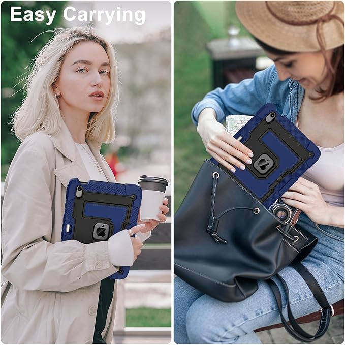 Kids Friendly Case for iPad Air 11 Inch M4 M3 M2 2026/2025/2024 Case with Pencil Holder & Shoulder Strap, Military Grade Shockproof Kickstand Hard Shell Protective Cover,Blue+Black