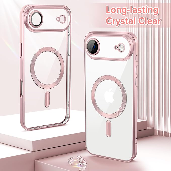 Hython Magnetic Clear for iPhone Air Case with Camera Lens Protector [Compatible with MagSafe] Luxury Plating Edge Slim Soft TPU Cover Protective Phone Case for iPhone Air 6.5", Matte Pink