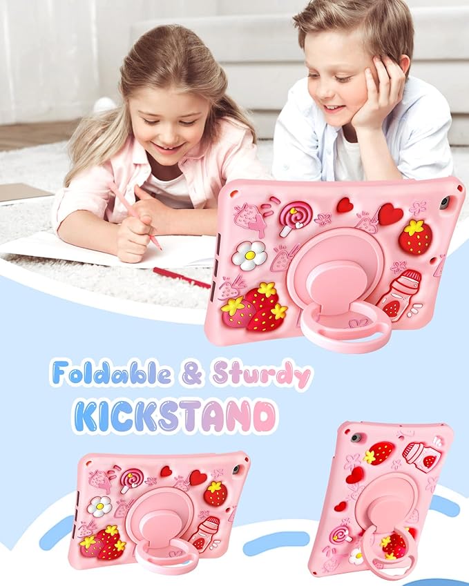 Boaretiu for iPad mini 5/4 Generation Case - Soft Silicone Cute Cartoon for iPad mini 5th/4th Case with Shoulder Strap & Rotating Stand 3D Kawaii for Women Girls Girly Teens, Strawberry
