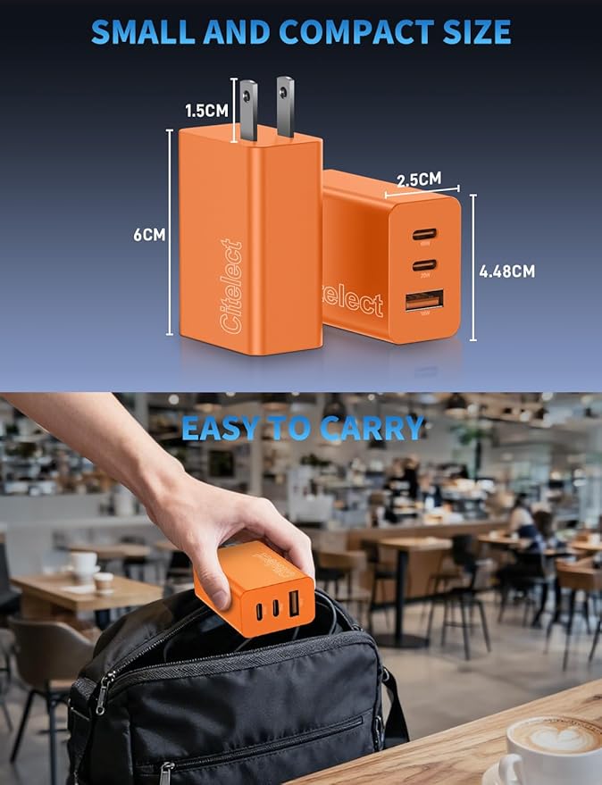 2Pack 65W USB C Charger Block, 3Port Fast Charging Adapter,Type C Fast Charging Blocks Cube PD USBC Wall Plug+QC3.0 USB A Charger Brick for MacBook Pro/Air,iPad,iPhone17/16,Samsung S26/S25&More-Orange