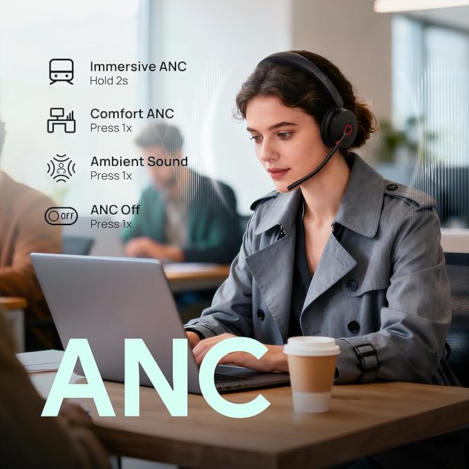 Yealink BH74 UC ANC Bluetooth Headset with Microphone for Hybrid Work, Microsoft Teams Premium Open Ofﬁce Certified Headsets with 6-mics Active Noise Cancellation, Zoom Certified, 65H Battery