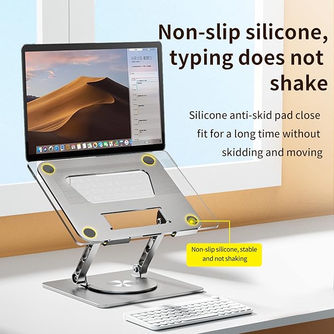 Rotating Laptop Stand, 360° Angle Swivel, Height Adjustable for Neck/Shoulder Health, Solid Aluminum Base, Fits 10"-17" Laptop & Tablet (Silver)