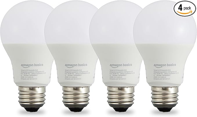 Amazon Basics Smart A19 LED Light Bulb, Dimmable Soft White (2700K), 9W (60W Equivalent), 800LM, Energy Efficient, Works with Alexa Only, 2.4 GHz Wi-Fi, No Hub Required, 4-Pack