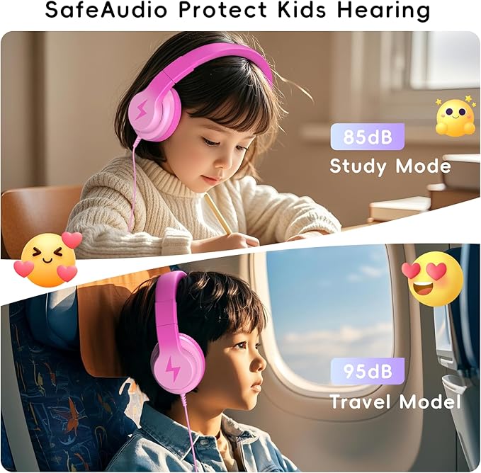Candy Bila Kids Headphones, Wired Headphones for Kids Over Ear with Microphone, 85/94dB Volume Limiter Headphone for Girls Boys, Foldable Headphone for Learning & Entertainment, Gradient Deep Pink