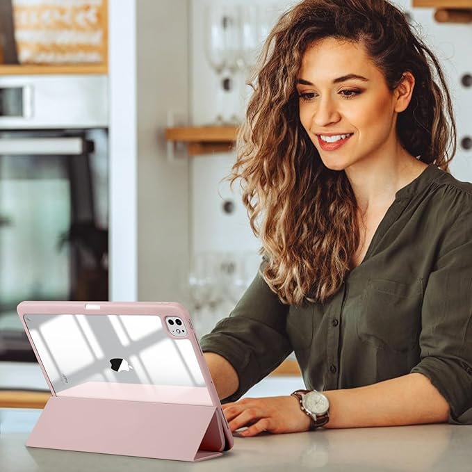 New Compatible with iPad Pro 13 inch Case M5 2025/M4 2024 with Built-in Pencil Holder, Kidopire for iPad Pro 13 Case with Hard Clear Back Shell, Support Pencil Pro & Pencil USB-C, Auto Wake/Sleep,Pink