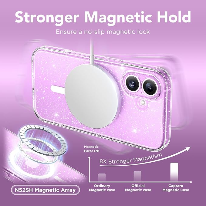 CAPRARO Magnetic Compatible with iPhone 16 Case, Upgraded [Full Camera Protection] [Compatible with MagSafe] Protective Translucent Matte Women Girl Phone Case Cover, Clear Glitter