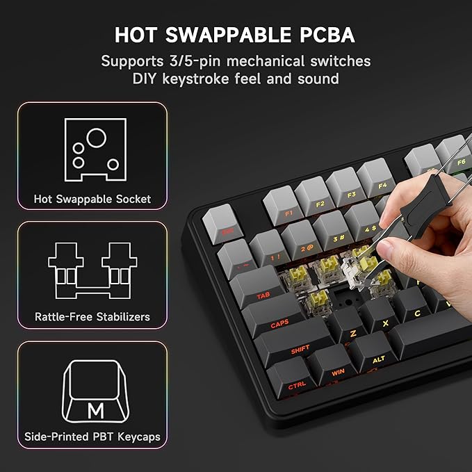 AOC GK330 Gaming Keyboard, Hot Swappable Wireless Mechanical Keyboard Support BT/2.4GHz/USB-C, RGB Backlit, Pre-lubed Reaper Switches, Anti-ghosting, 75% Gasket Custom Keyboard with Five-Layer Padding