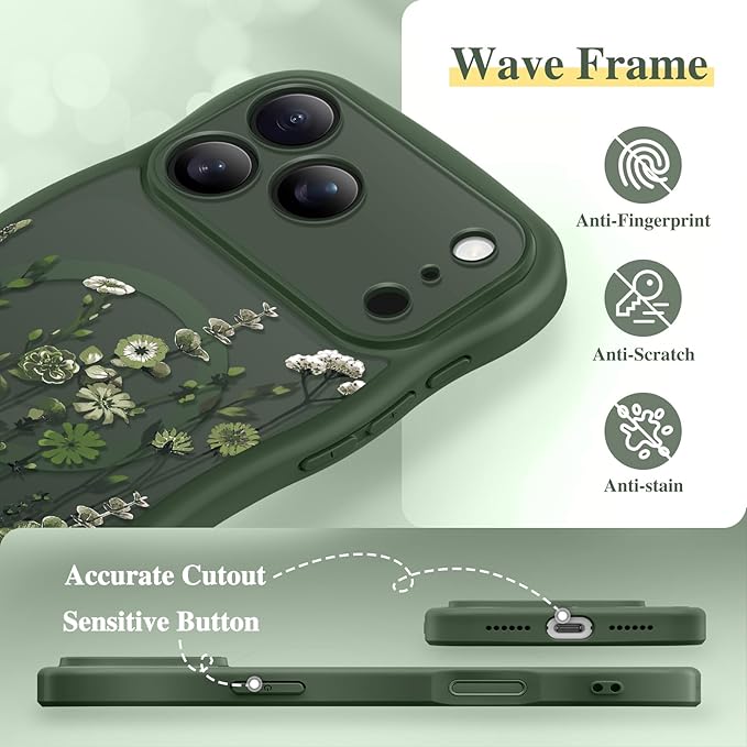 GVIEWIN for iPhone 17 Pro Max Case Compatible with MagSafe [Curly Wave Edge][Full Camera Protection] Floral Translucent Shockproof Magnetic Women Phone Case for 17 Pro Max, Floratopia/Forest Green