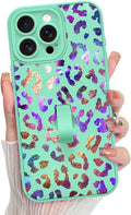 KANGHAR Compatible with iPhone 15 Pro Max Case, Support for MagSafe, Silicone Cute Iridescent Leopard Cheetah Pattern, Wristband Kickstand Shockproof Protective Slim Cover for Women Girls, Green