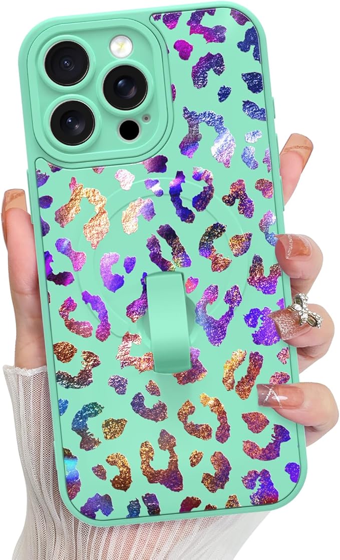 KANGHAR Compatible with iPhone 15 Pro Max Case, Support for MagSafe, Silicone Cute Iridescent Leopard Cheetah Pattern, Wristband Kickstand Shockproof Protective Slim Cover for Women Girls, Green