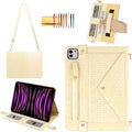 Shiny Case for iPad Pro 12.9" 6th/5th/4th Gen & iPad Air 13-inch Handbag w/Hand Strap, Techcircle Crossbody Iridescent Folio Stand Wallet Case w/Pencil Holder+Shoulder Strap, Shiny Cream Yellow