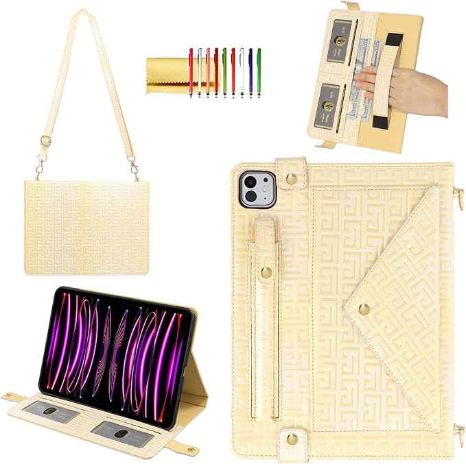 Shiny Case for iPad Pro 12.9" 6th/5th/4th Gen & iPad Air 13-inch Handbag w/Hand Strap, Techcircle Crossbody Iridescent Folio Stand Wallet Case w/Pencil Holder+Shoulder Strap, Shiny Cream Yellow