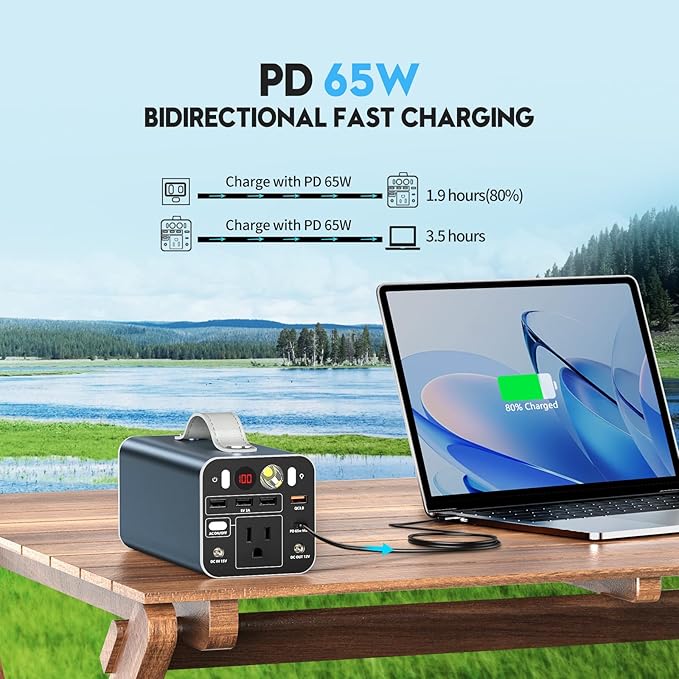 Powdeom 150W Portable Power Station, 155.4Wh Portable Laptop Charger with AC Outlet, DC/USB-C Port, Battery Backup Power Supply for Outdoor Camping Home Outage