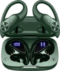 PocBuds Bluetooth Headphones Wireless Earbuds 80hrs Playtime Wireless Charging Case Digital Display Sports Ear Buds with Earhook Deep Bass IPX7 Waterproof Over-Ear Earphones for TV Phone Laptop Olive