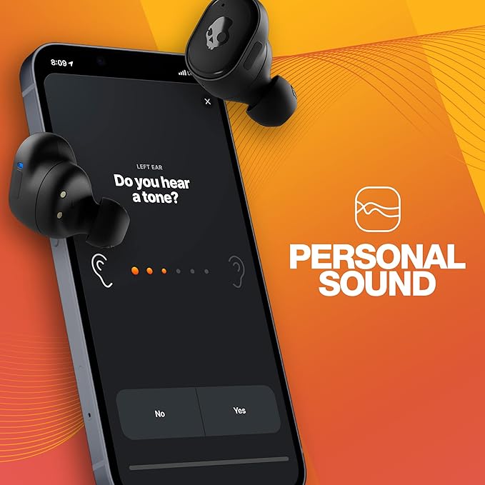 Skullcandy Grind Fuel Wireless Earbuds, Bluetooth Headphones, Up to 40 Hours Battery, Noise Isolating Fit, Wireless Charging Case, Microphone, Customizable via Skull-iQ App - True Black/Orange