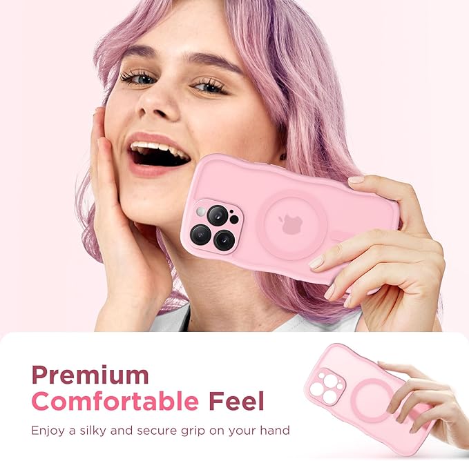 CAPRARO for iPhone 16 Pro Max Case for Women Girls, Upgraded [Full Camera Protection] [Compatible with MagSafe] Cute Wave Translucent Matte Phone Case for iPhone 16 Pro Max, Peach Pink