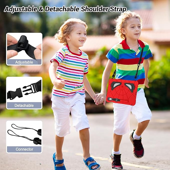 for Samsung Galaxy Tab S10 Lite 5G/ S10 FE/ S9 FE/ S9/ S8/ S7 Case (10.9''/11''), Shockproof Drop Protective Cute Cover for Kids Boys w/Pencil Holder Stand Carrying Shoulder Strap, Red Black
