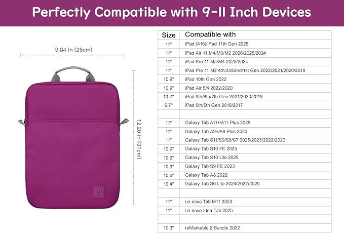 Dadanism 9-11 Inch Tablet Sleeve Bag Carrying Case with Shoulder Strap for iPad (A16) 11", iPad 10th Gen 10.9", iPad Air M4/Pro M5 11", iPad 9/8/7th 10.2", Galaxy Tab A11+ Plus 11", Fuchsia