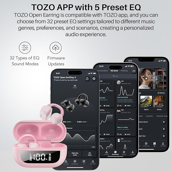 TOZO OpenEarRing True Open Ear Earbuds, Lightweight Comfort Open Ear Clip Wireless Earbuds, 40H Play Bluetooth 5.4 Headphones with Smart Digital Display Design Fit Sports Running, Workout Rose Gold
