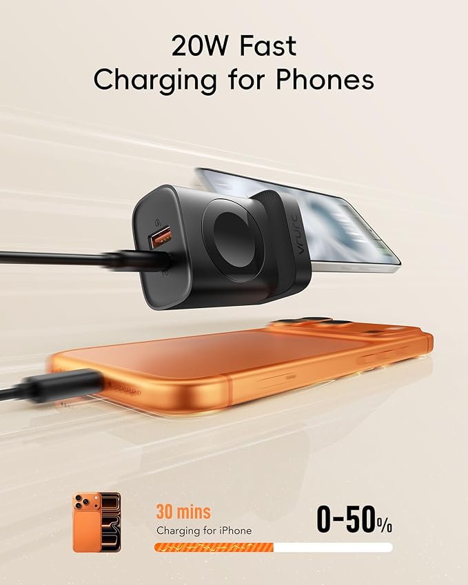 VRURC Fast Charger for iPhone, PD 20W USB C Wall Charger Dual Ports, 3-in-1 Foldable Charging Block Built in Magnetic Watch Charger Station for Apple Watch Ultra/10/9/8/7/6/5/4-Black