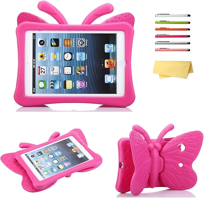 Kids Proof Case for Apple iPad mini 5/4/3/2/1 with Kickstand 3D Cartoon Soft EVA Foam Lightweight Shockproof Cover iPad mini 5th (2019) 4th/3rd/2nd/1st Generation 7.9", Rose Butterfly