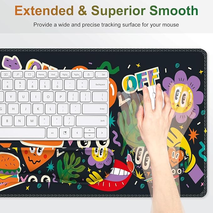 Large Gaming Mouse Pad Set, 4 in 1 Extended Keyboard Desk Mat with Wrist Rest, Computer Game Mousepad, Non-Slip Desk Pad Protector Easy Typing Pain Relief for Home Office I Cartoon Heat Lips