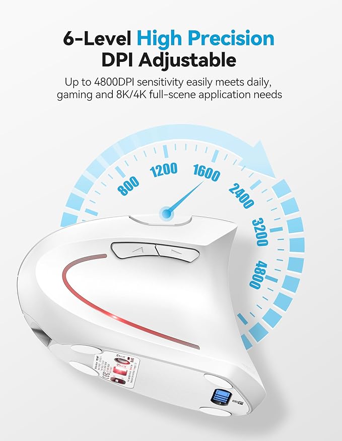 TECKNET Ergonomic Mouse, Rechargeable 2.4G+Bluetooth Vertical Mice 6 DPI Adjustable, Wireless Optical Carpal Tunnel Mouse Right Hand, Multi Device for Laptop, PC, Computer, MacBook, iPad - White