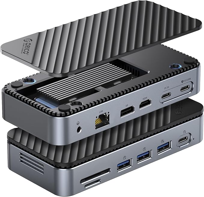 ORICO 12-in-1 USB C Hub with M.2 SSD Enclosure 10Gbps, Tool-Free USB C Docking Station with Built-in Fan, HDMI, DP, Gigabit Ethernet, 100W PD, SD/TF, Audio/Mic, USB A & Type C for Laptop Mac-M2P11