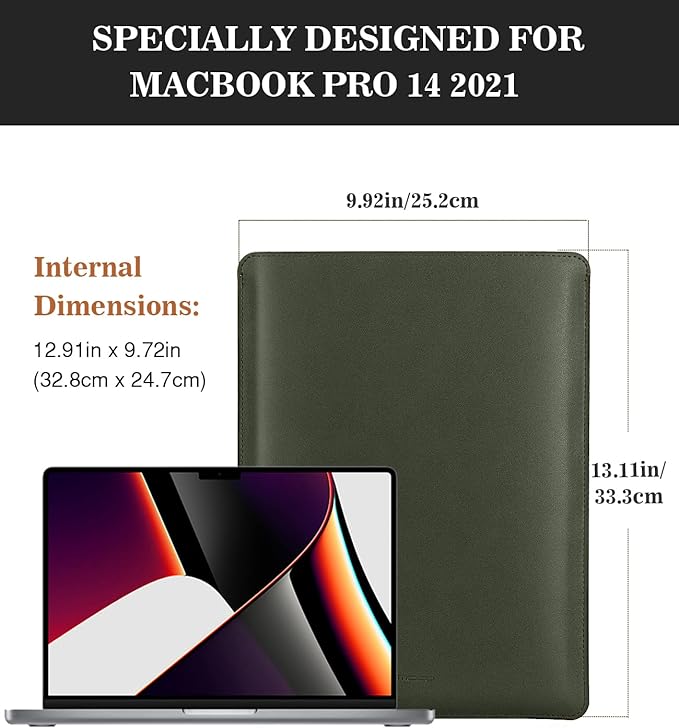 MoKo Laptop Sleeve Compatible with New Mac Pro 14 Inch M5/4/3/2/1 2026-2021, Slim Stylish Laptop Bag Made of PU Leather, Fliz Sleeve Case, Carry Bag for 14 Inch Mac, Midnight Green