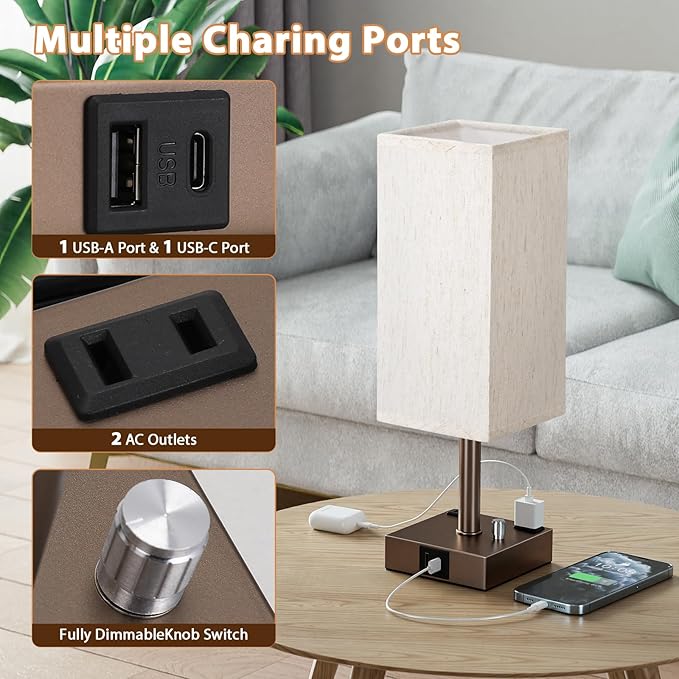 aooshine Brown Fully Dimmable Nightstand Lamps Set of 2 - Table Bedside Lamp with USB C+A Charging Ports & 2 AC Outlets, Square Lamp Sets Linen Fabric Shade for Bedroom (Bulb Included)