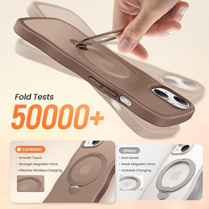 CAPRARO for iPhone 13 Case & iPhone 14 Case with 360° Spin Magnetic Stand for Women, [Compatible with MagSafe] [Camera Protection] Cute Wave Translucent Matte Case for iPhone 13/14, Brown