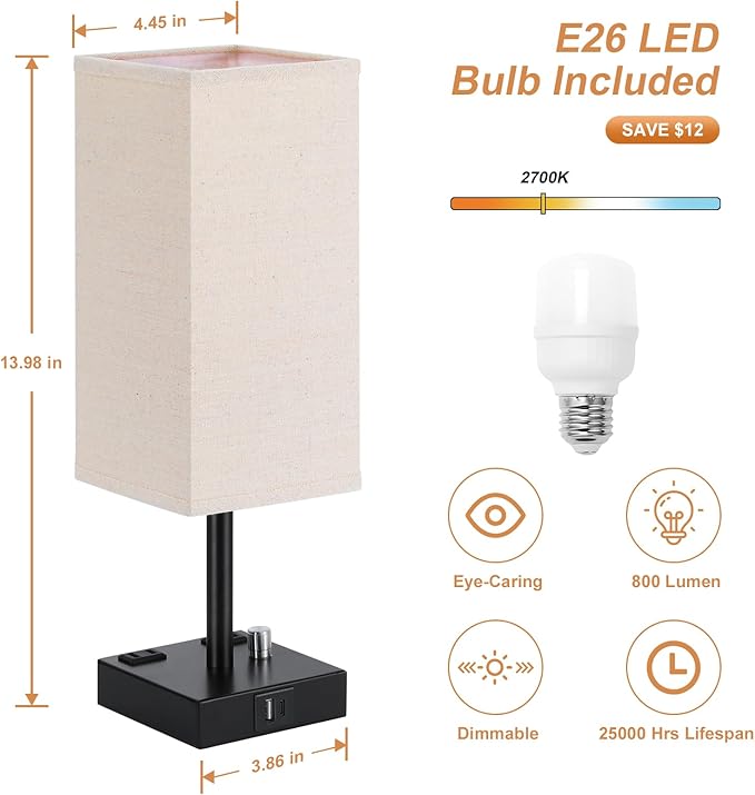 aooshine Fully Dimmable Nightstand Lamps Set of 2 - Table Bedside Lamp with USB C+A Charging Ports & 2 AC Outlets, Square Lamp Sets Linen Fabric Shade for Bedroom Living Room(Bulb Included)