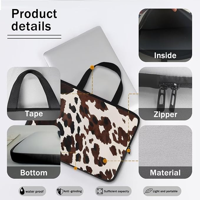 Cow Print Brown 12 Inch Laptop Sleeve, Laptop Cover Computer Bag Tablet Carrying Case with Handle, Waterproof Zipper Tote Bags Notebook Sleeves Handbag Messenger Briefcase