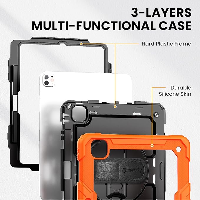 timecity Case for iPad Pro 13 Inch M5 2025 / M4 2024, 360° Rotating Stand, Pencil Holder & Wireless Charging, Shockproof with Screen Protector & Shoulder Strap - for Designers & Professionals, Orange