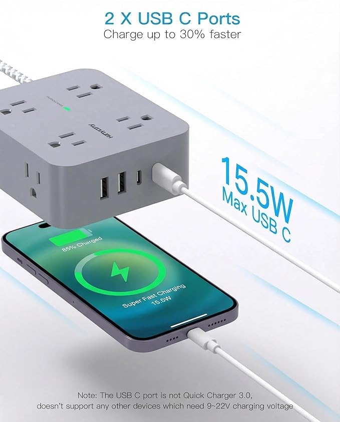 HANYCONY 10 Ft Surge Protector Power Strip, Extension Cord with 8 AC Outlets 4 USB (2 USB C) Ports, Flat Plug, Wall Mount Desk USB Charging Station for Home
