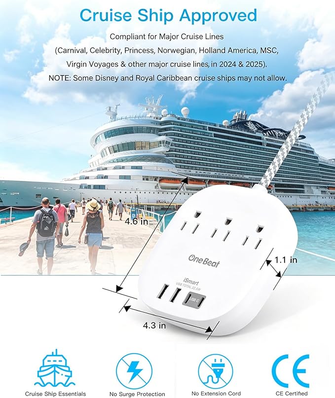 Cruise Ship Travel Essentials, 22.5W/4.5A Flat Plug Power Strip, 3Ft Flat Extension Cord, 3 Outlets 4 USB Ports (2 USB C) Cruise Approved Power Strip No Surge Protection, Desktop Charging Station